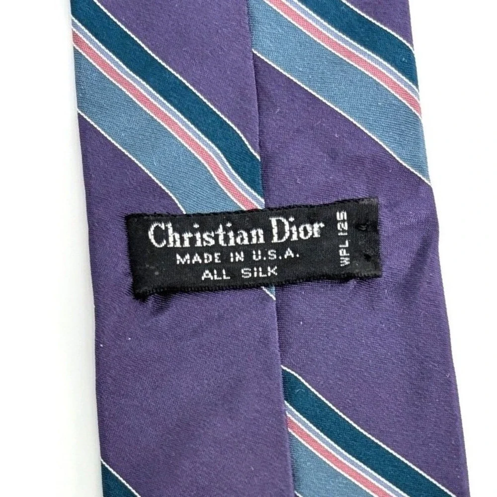 Christian Dior Silk Necktie Purple Teal‎ Pink Striped Vintage Made in USA